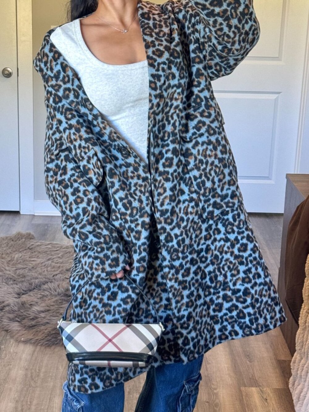 Bernardo Leopard Print Coat XL Blue Brown Longline Cheetah Overcoat Chic Modern